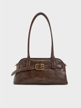 Charles & Keith Victoria Belted Elongated Shoulder Bag - Distressed Coffee